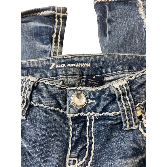 Z Co Premium Bootcut Jeans Distressed Rhinestones Low Rise Blue Denim Sz 5 - Picture 3 of 6